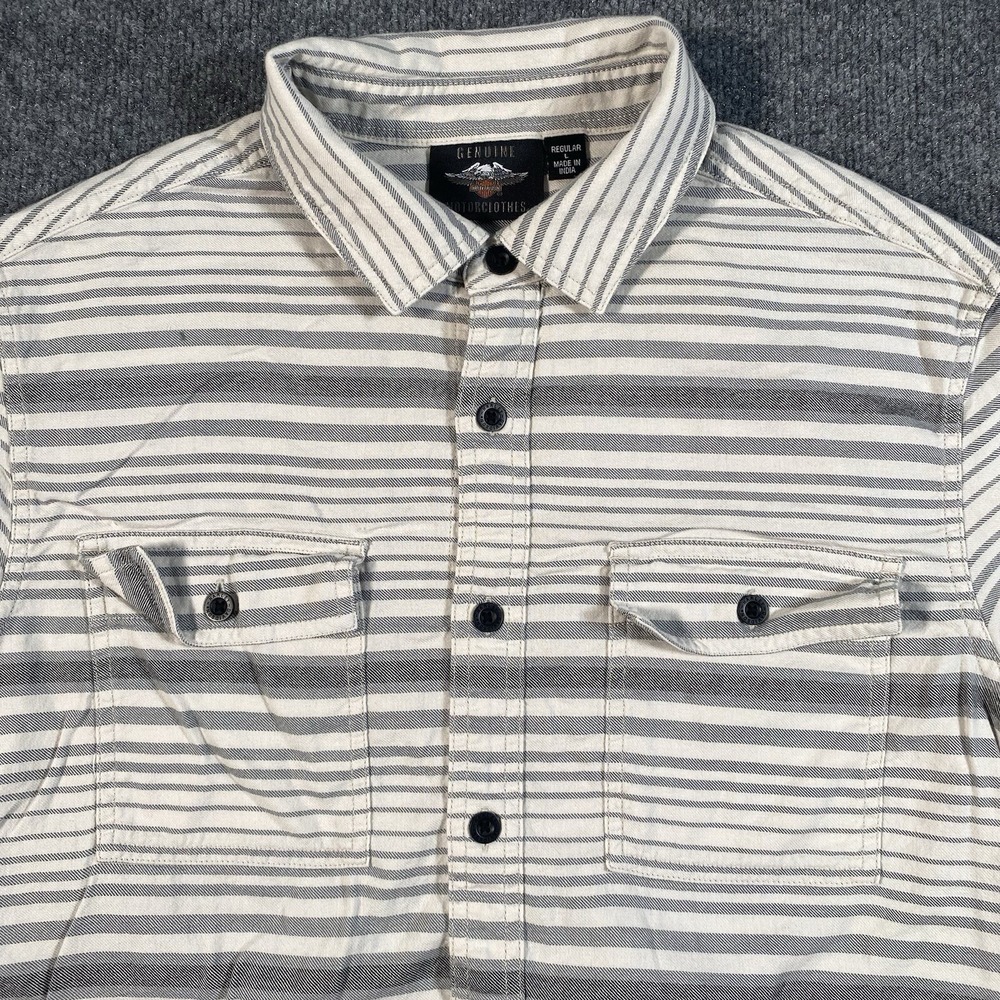 Harley Davidson Mens L Striped Short Sleeve Button Shirt Motorcycles Mechanic - Picture 1 of 8